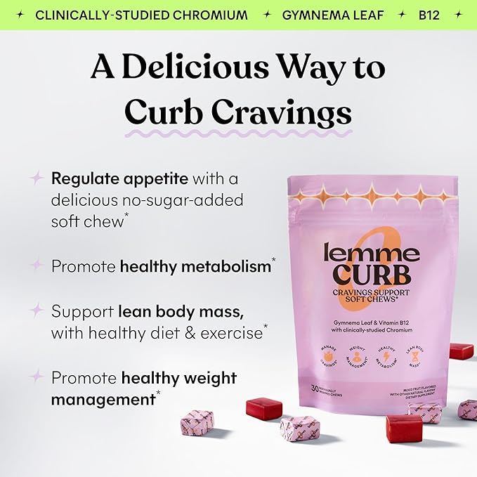 Lemme Curb Cravings Soft Chews - Reduce Appetite, Support Healthy Diet, Metabolism & Lean Body w/Clinically Studied Chromium, Gymnema & B12, No Added Sugar, Mixed Berry, 30 Count (Month Supply)
